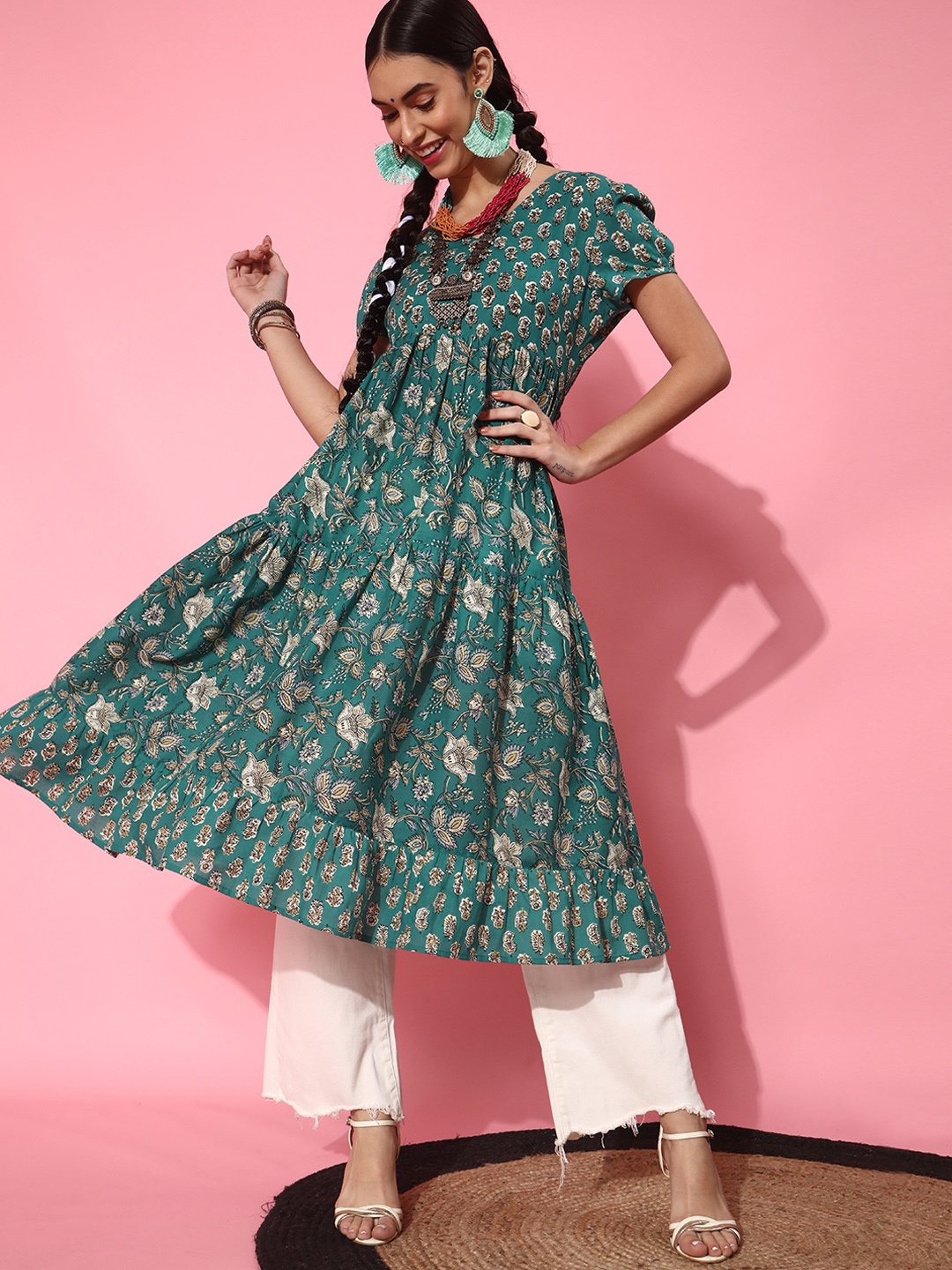 

indo street Ethnic Motifs Printed Puff Sleeves Pure Cotton Tiered Kurta, Green
