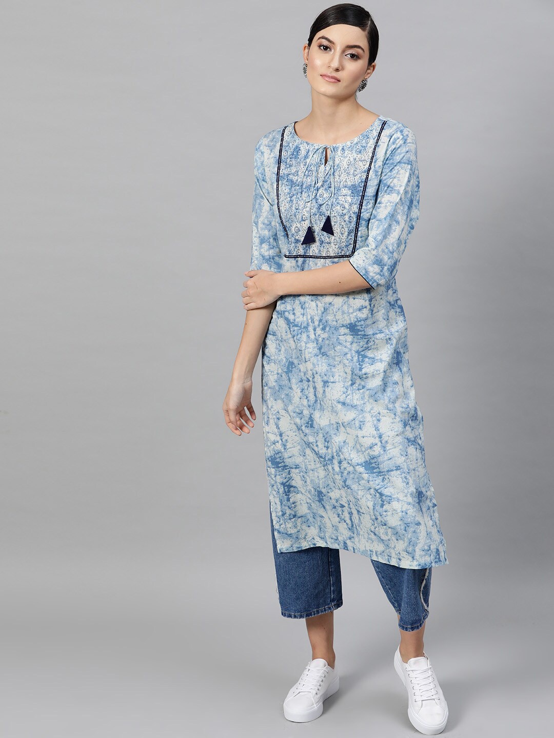 

indo street Tie-Up Neck Abstract Printed Bead Work Straight Cotton Kurta, Blue