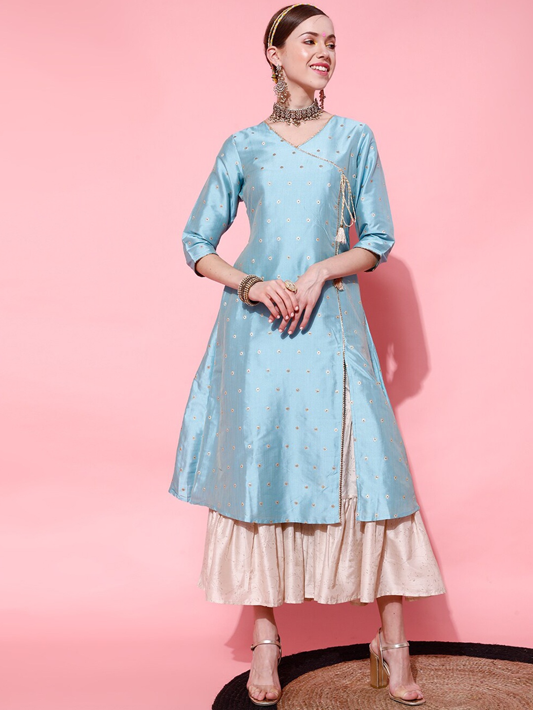 

indo street Geometric Woven Design Gotta Patti Anarkali Kurta, Teal