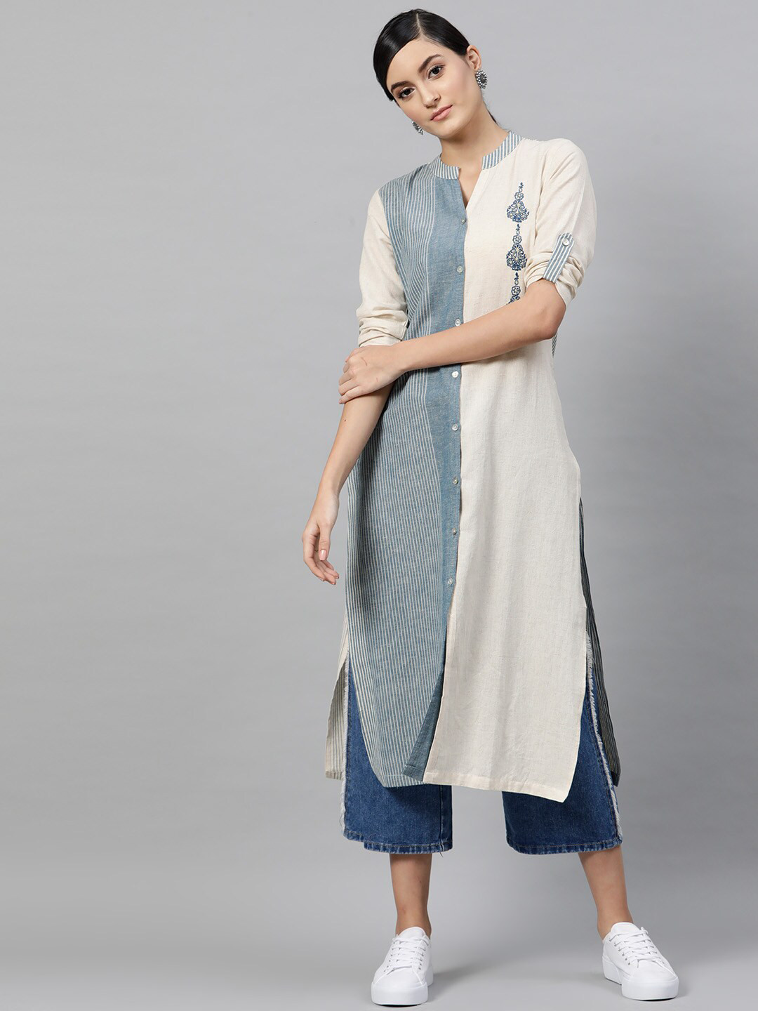 

indo street Striped Band Collar Roll Up Sleeves Thread Work Pure Cotton Kurta, Blue