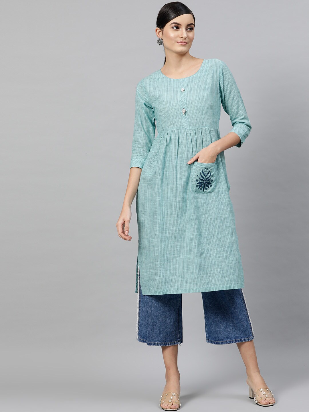 

indo street Striped Thread Work Pleated A-Line Pure Cotton Kurta, Sea green