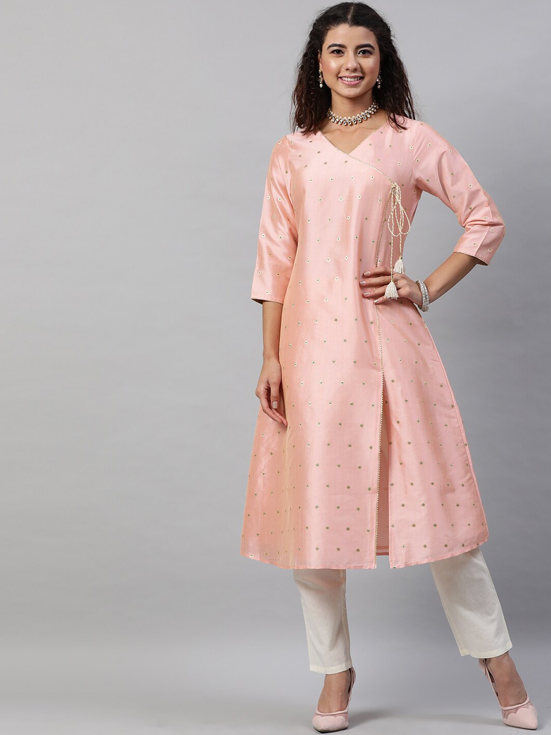 

indo street Geometric Embroidered Gotta Patti Angrakha Kurta, Pink