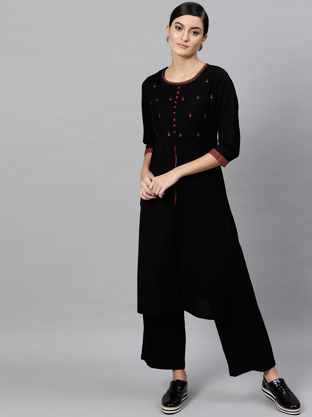 indo street Floral Embroidered Pure Cotton Kurta, Black