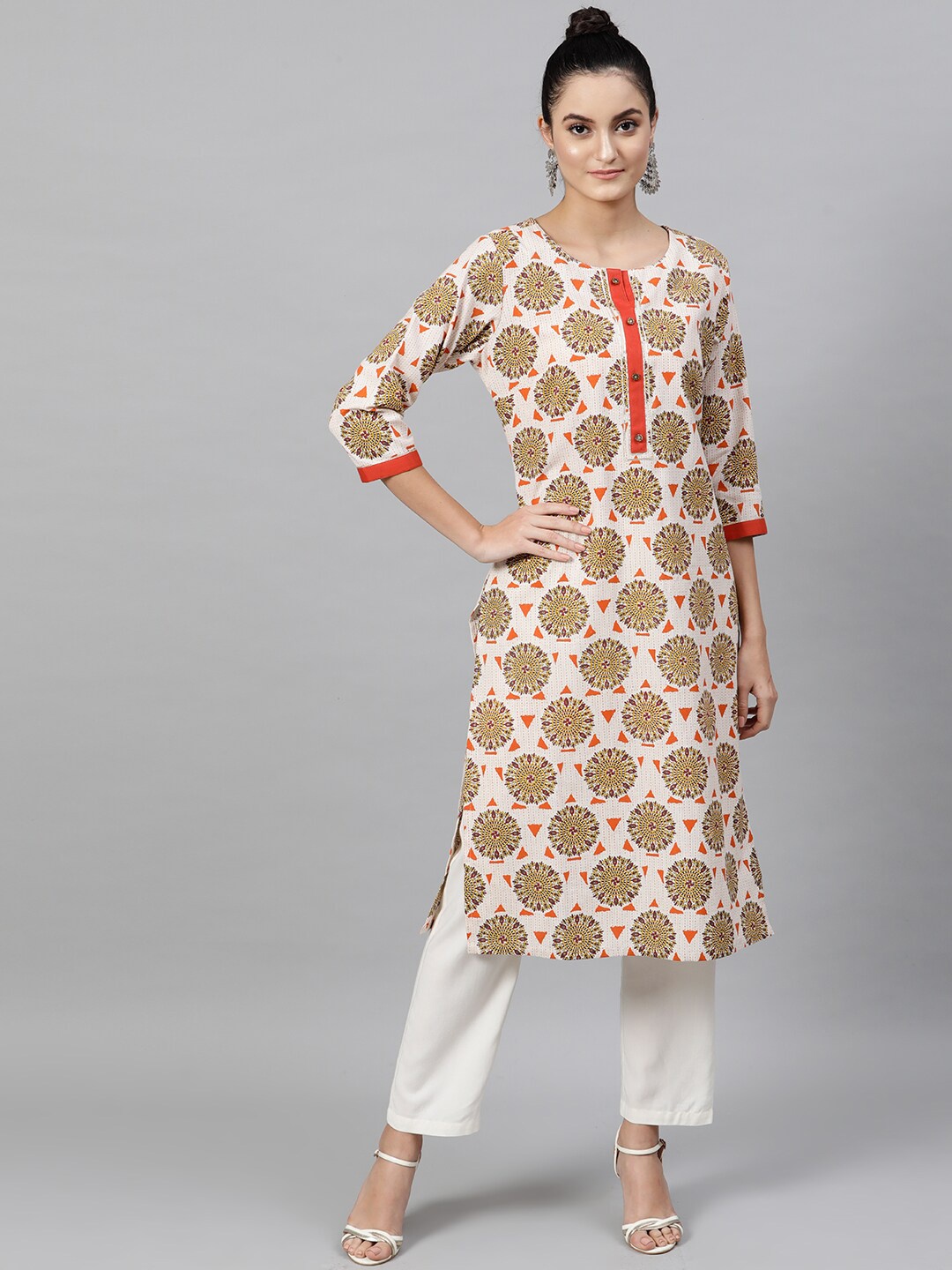 

indo street Ethnic Motifs Printed Straight Pure Cotton Kurta, Beige