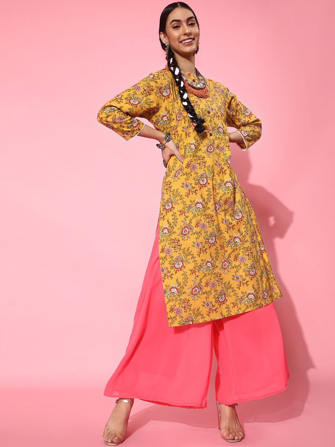 

indo street Band Collar Pleated Floral Printed Straight Cotton Kurta, Mustard