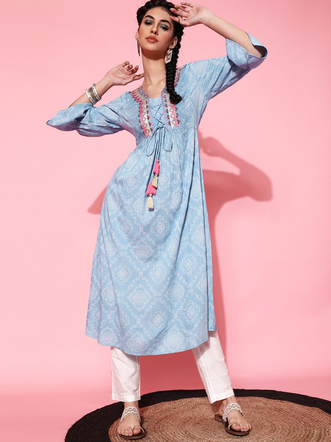 

indo street Ethnic Motifs Printed Thread Work Pure Cotton A-Line Kurta, Turquoise blue