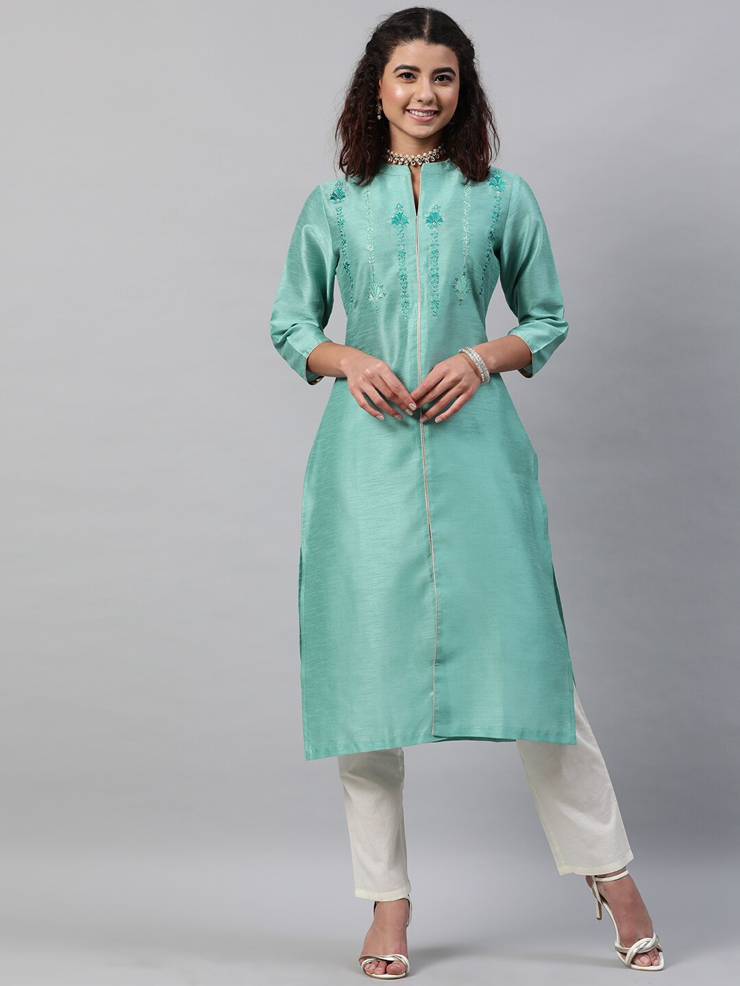 

indo street Ethnic Motifs Embroidered Panelled A-Line Kurta, Sea green