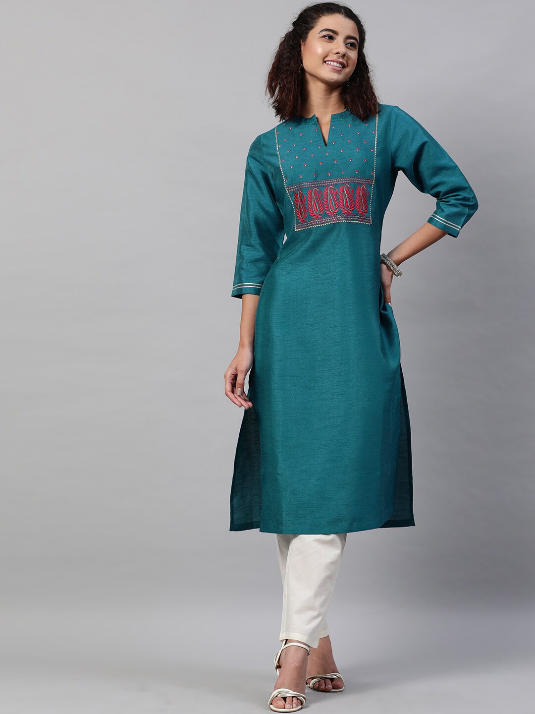 indo street Paisley Yoke Design Notched Neck Thread Work Kurta, Teal