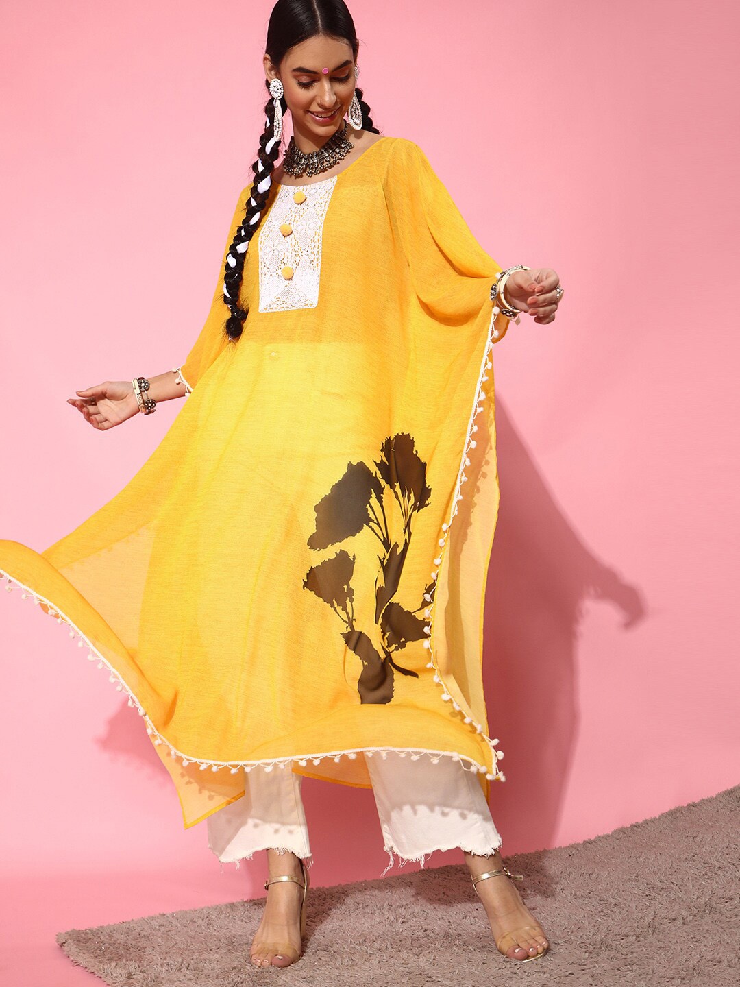 

indo street Floral Printed Kaftan Kurta, Yellow