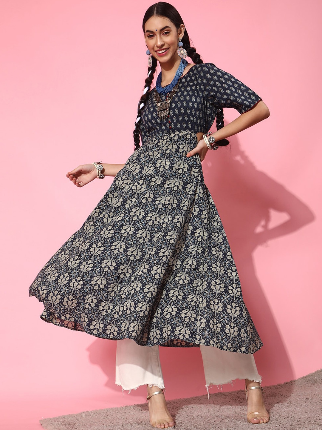 indo street Ethnic Motifs Printed Pure Cotton Anarkali Kurta, Navy blue