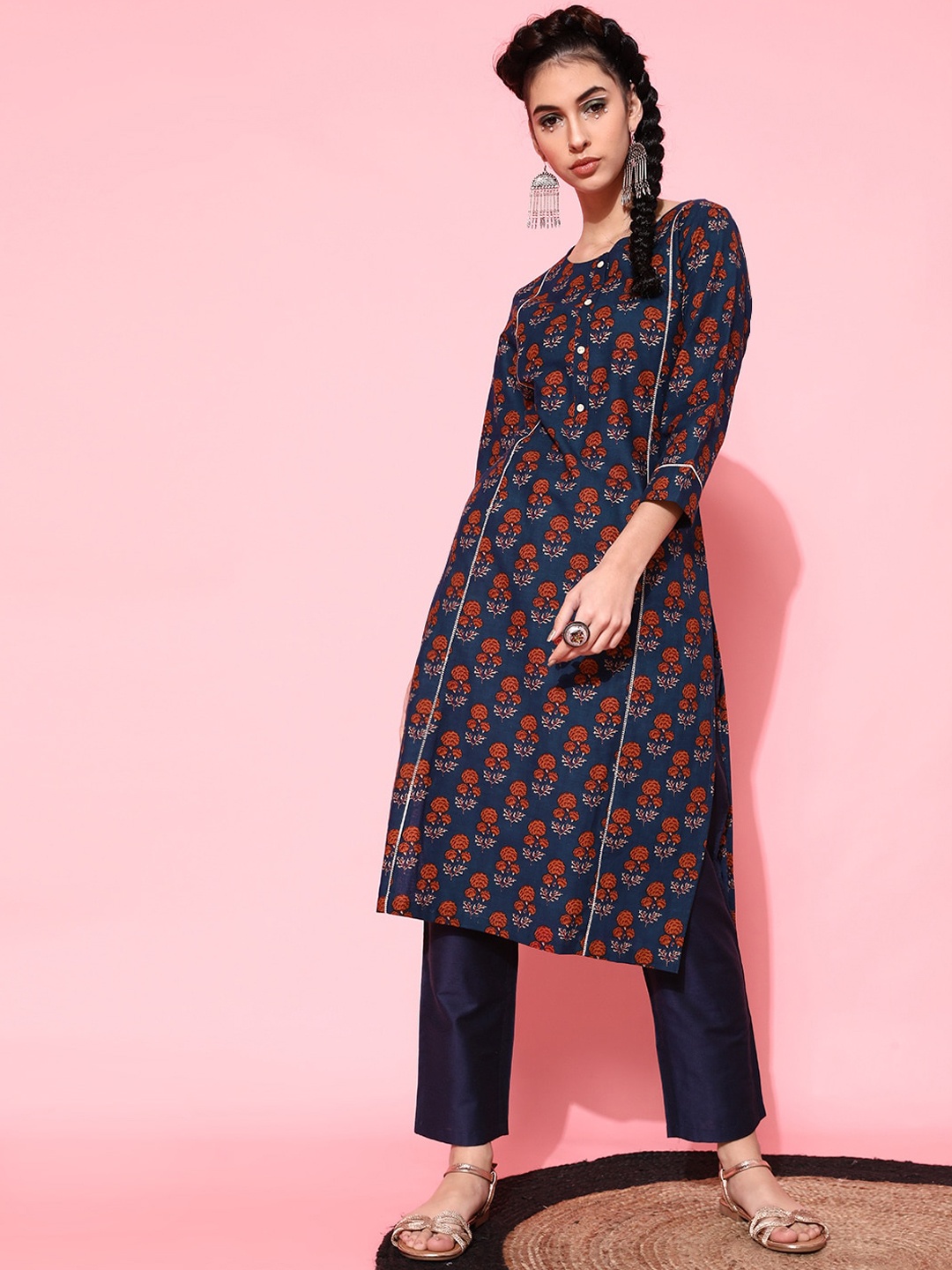 

indo street Floral Printed Pure Cotton Straight Kurta, Navy blue