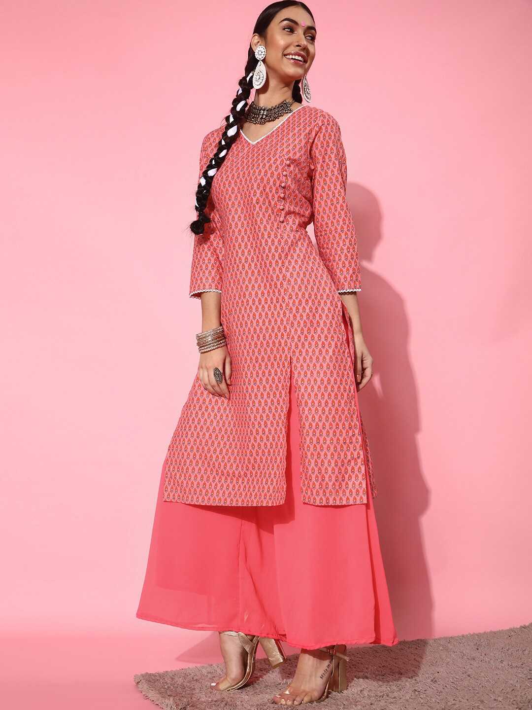 

indo street Floral Printed V-Neck Multiple Slit A-Line Pure Cotton Kurta, Pink