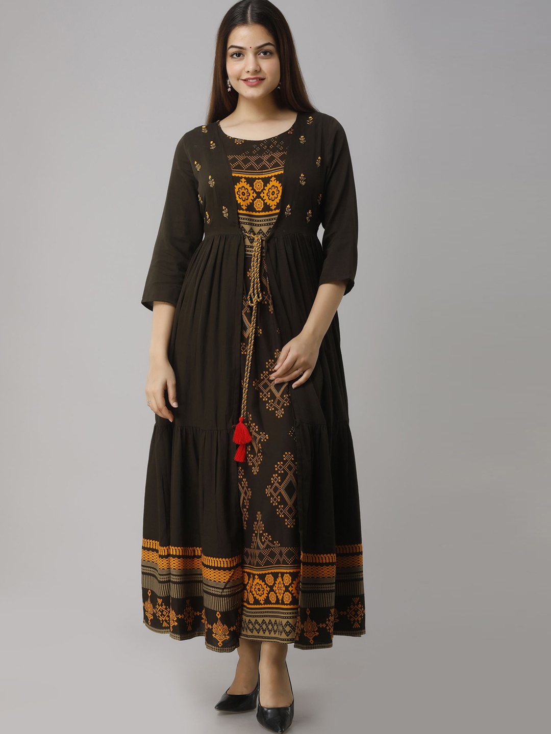 

Nehamta Floral Printed Layered Anarkali Kurta, Brown