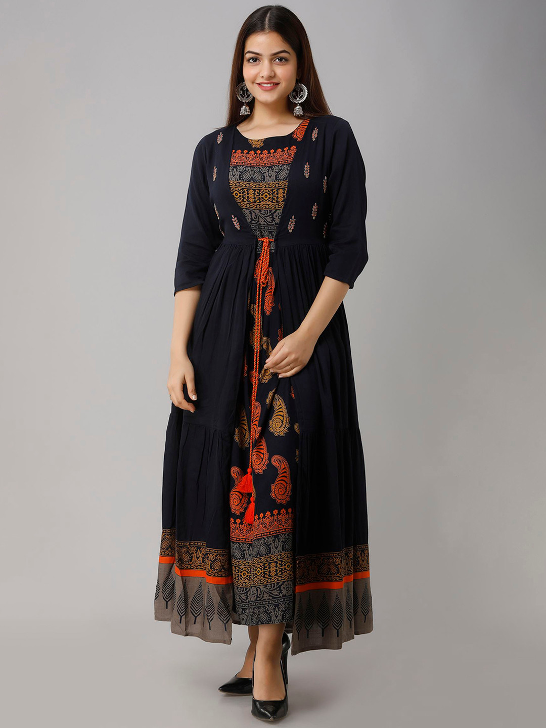 

Nehamta Paisley Printed Tiered Midi Fit & Flare Ethnic Dress with Jacket, Navy blue
