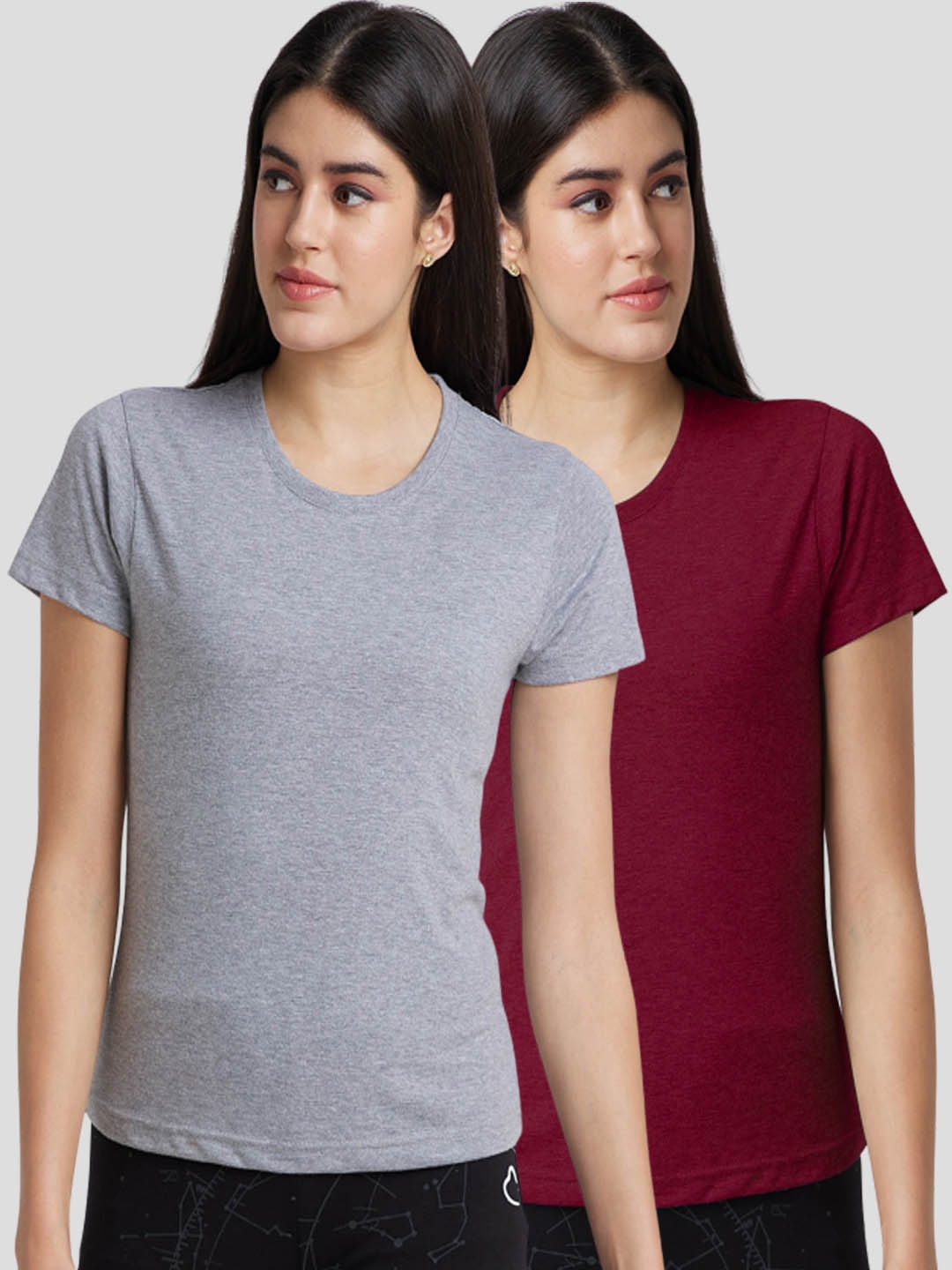 

FashionRack Women Pack Of 2 Cotton Round Neck Lounge Tshirts, Grey