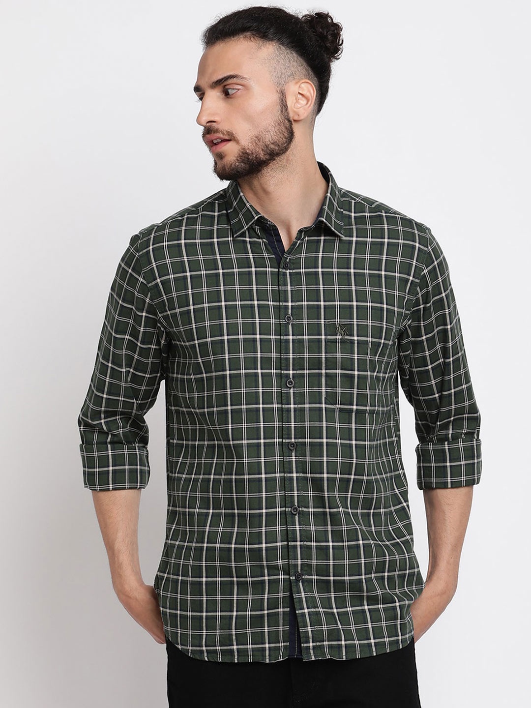 Cantabil Tartan Checks Cotton Casual Shirt, Green