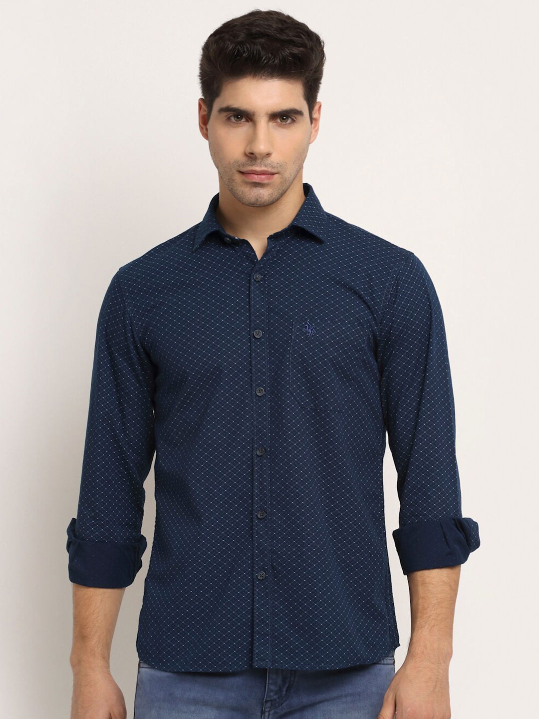 

Cantabil Micro Ditsy Printed Cotton Casual Shirt, Navy blue