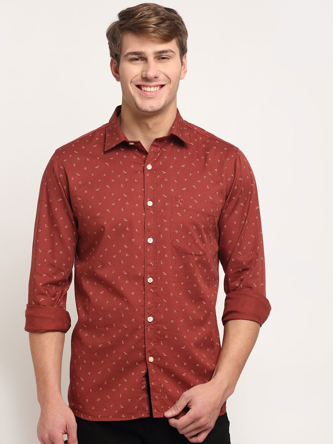 Cantabil Printed Spread Collar Cotton Casual Shirt, Maroon