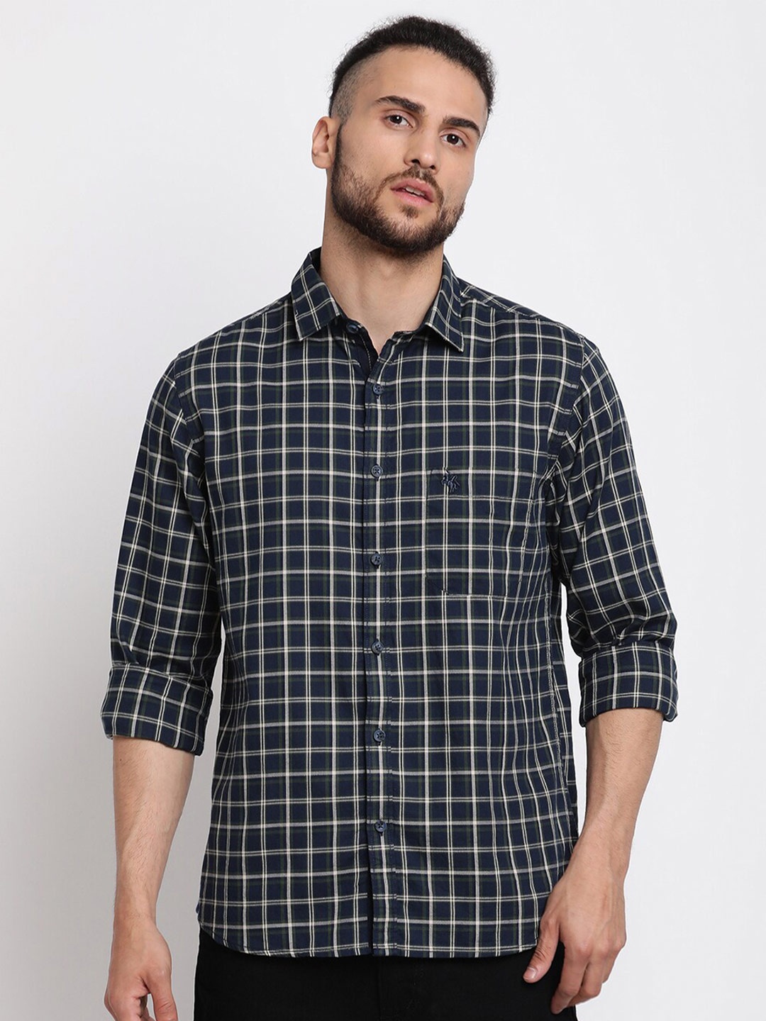 

Cantabil Checks Cotton Casual Shirt, Navy blue