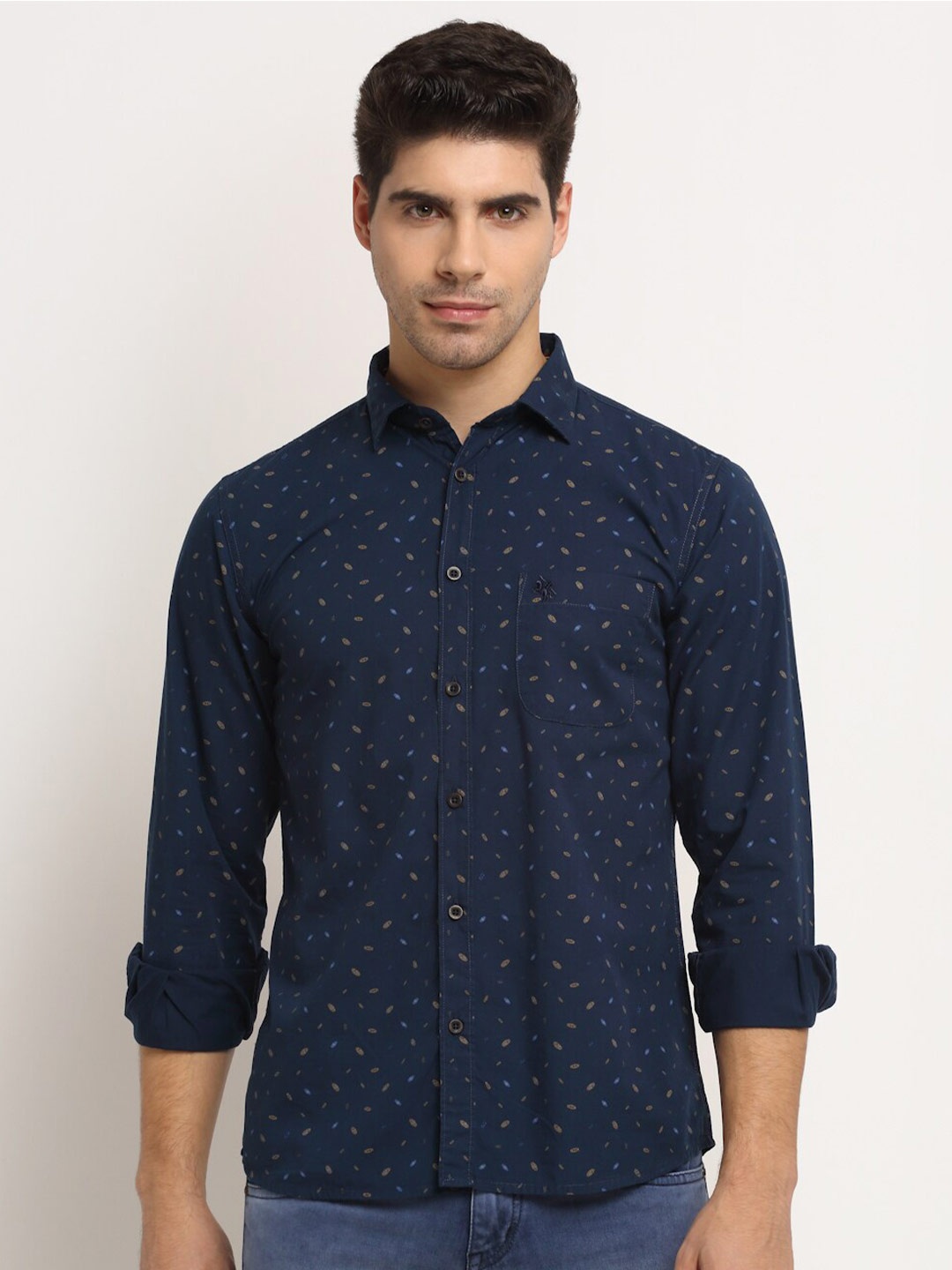 

Cantabil Micro Ditsy Printed Cotton Casual Shirt, Navy blue