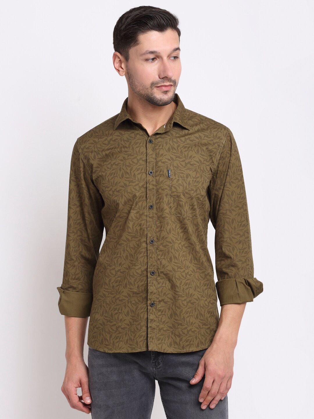 

Cantabil Ethnic Motifs Printed Cotton Casual Shirt, Olive