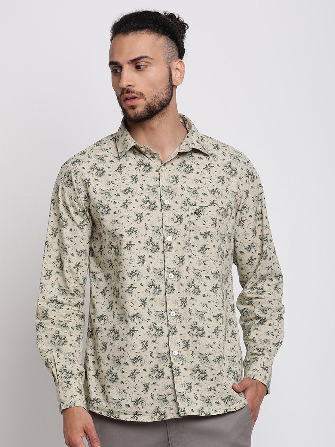 

Cantabil Men Floral Printed Casual Cotton Shirt, Khaki