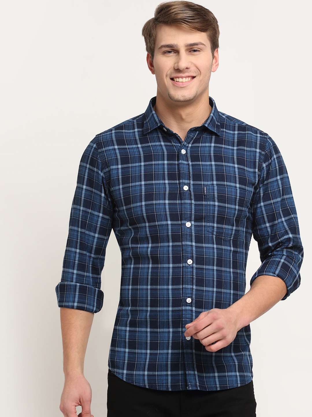 Cantabil Tartan Checks Cotton Casual Shirt, Navy blue