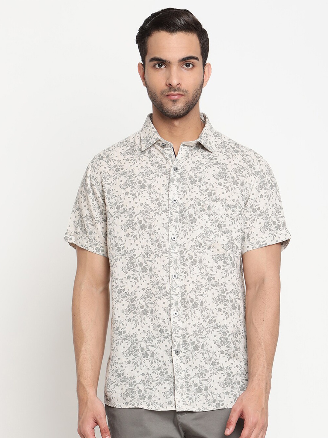 

Cantabil Floral Printed Linen Casual Shirt, Cream