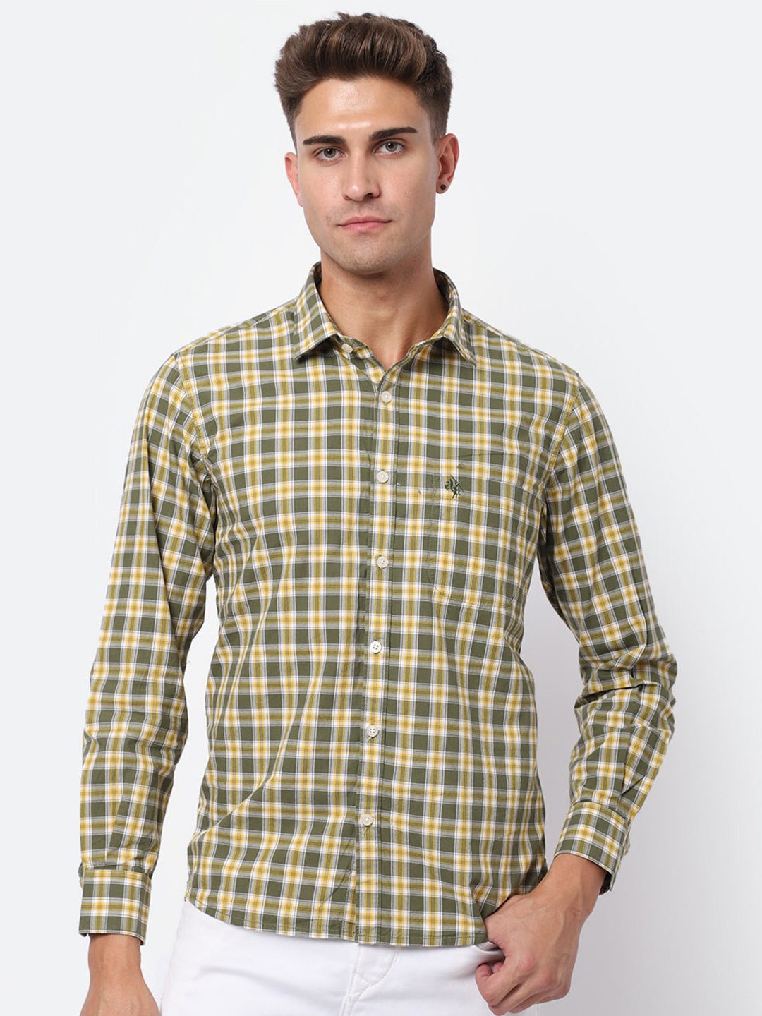 

Cantabil Cotton Checked Casual Shirt, Olive