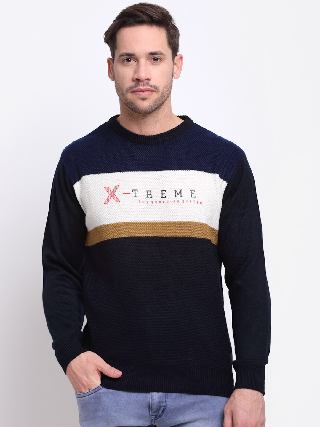 

Cantabil Men Colourblocked Acrylic Pullover, Navy blue