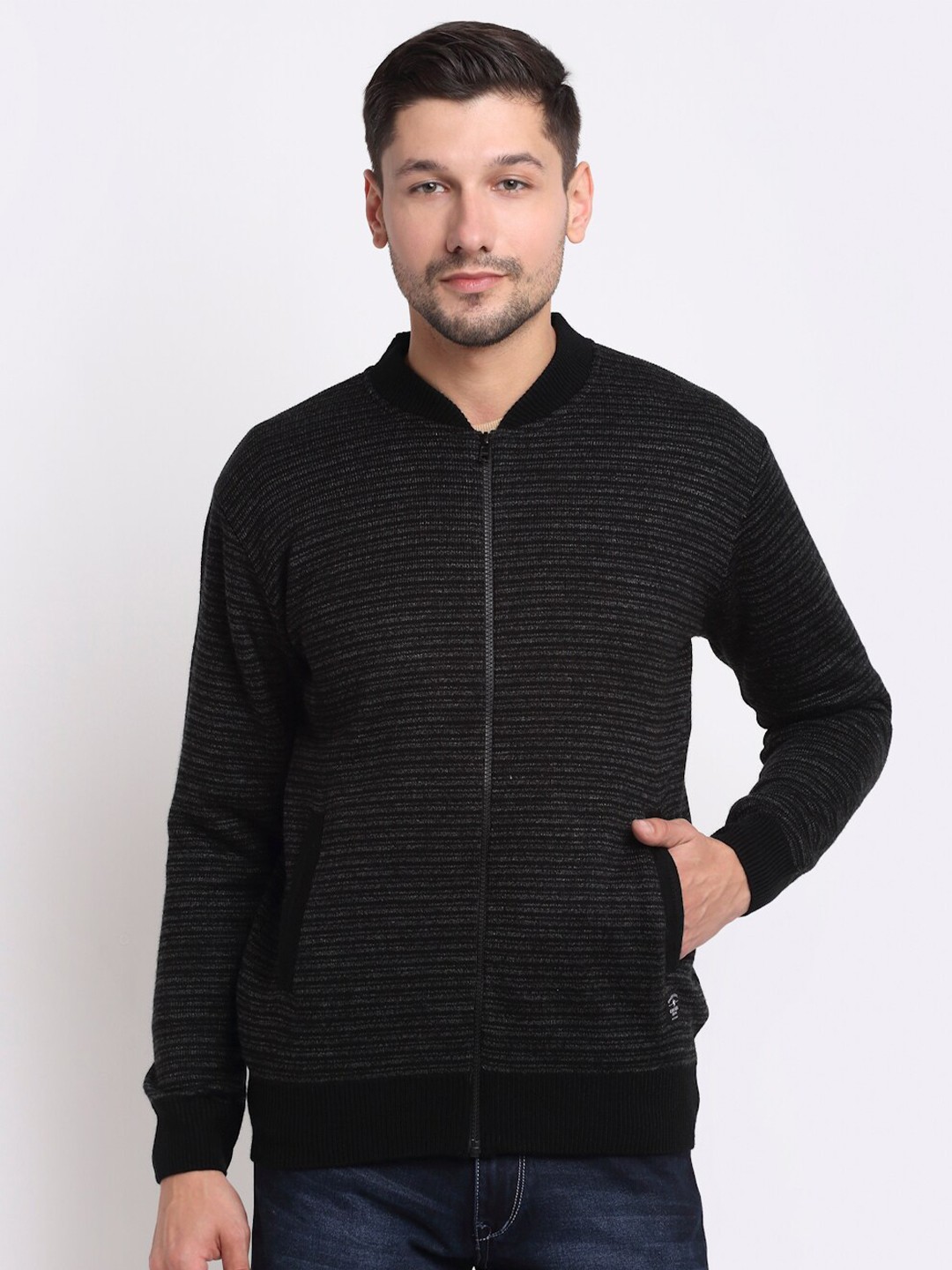 

Cantabil Men Acrylic Striped Cardigan, Black
