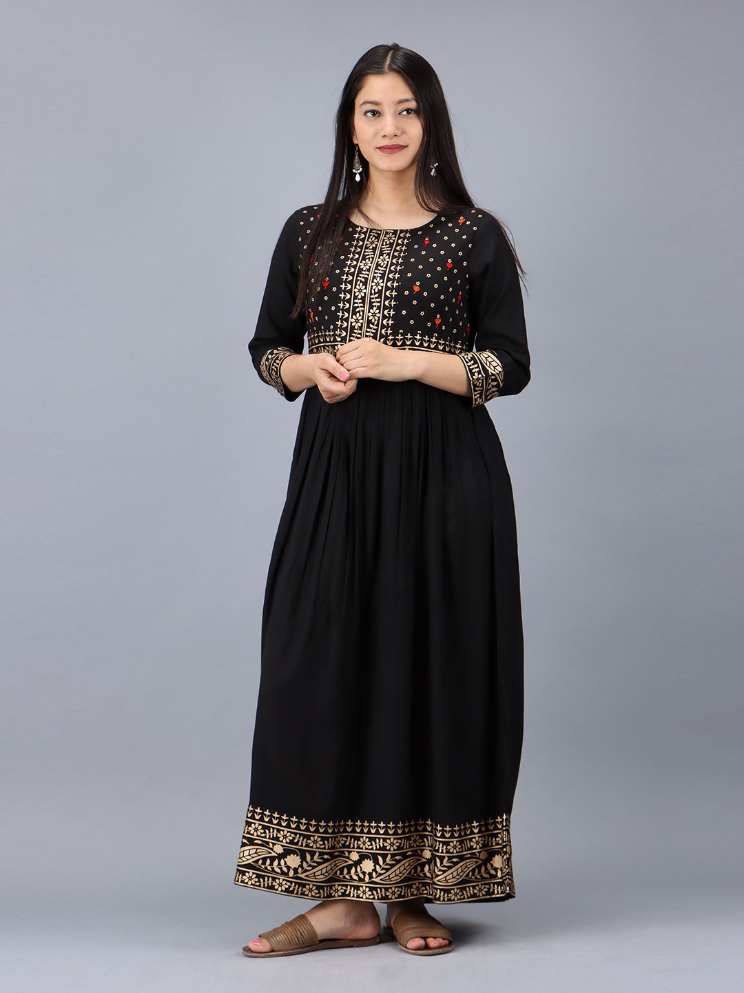 

Nehamta Round Neck Floral Printed Embroidered A-Line Ethnic Dress, Black