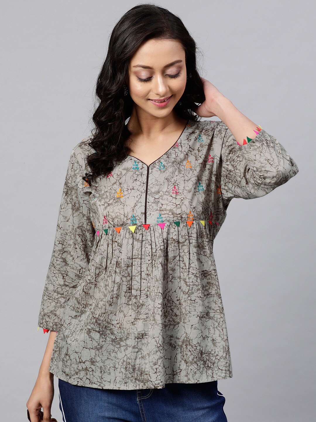 indo street Printed Thread Work Pure Cotton A-line Kurti, Grey