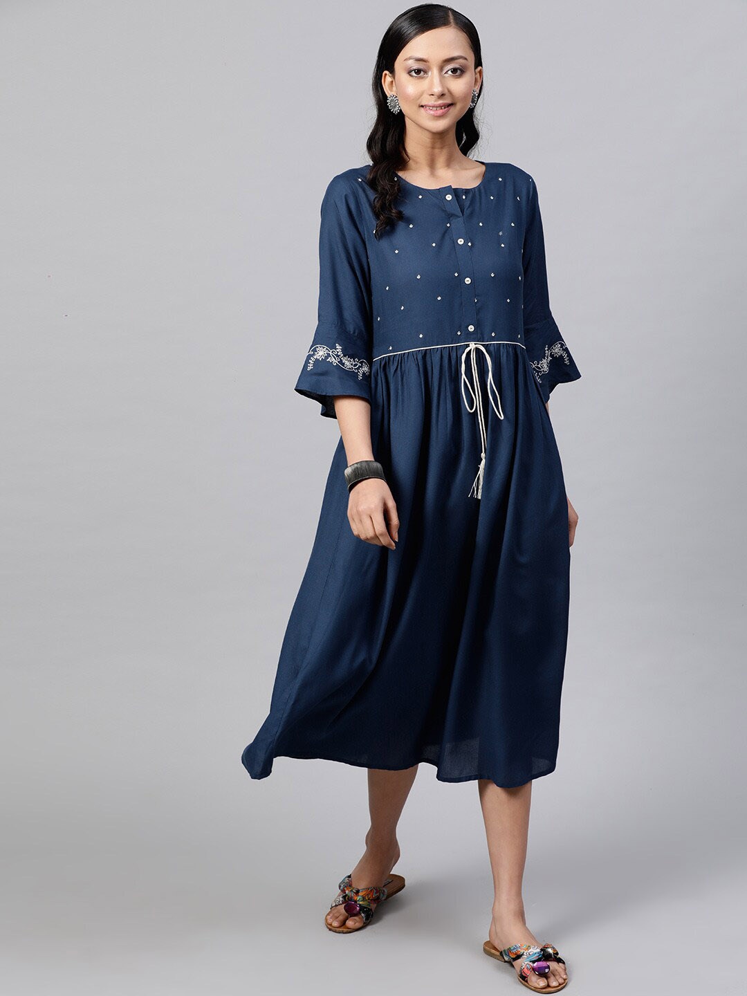 

indo street Embroidered A-Line Midi Dress, Blue