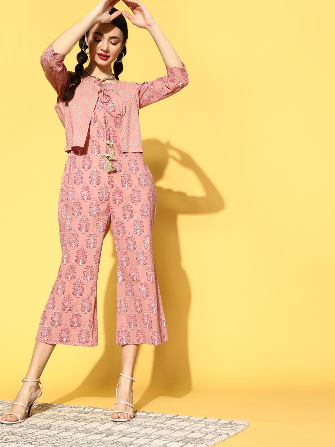 

indo street Ethnic Motifs Printed Pure Cotton Basic Jumpsuit With Jacket, Peach