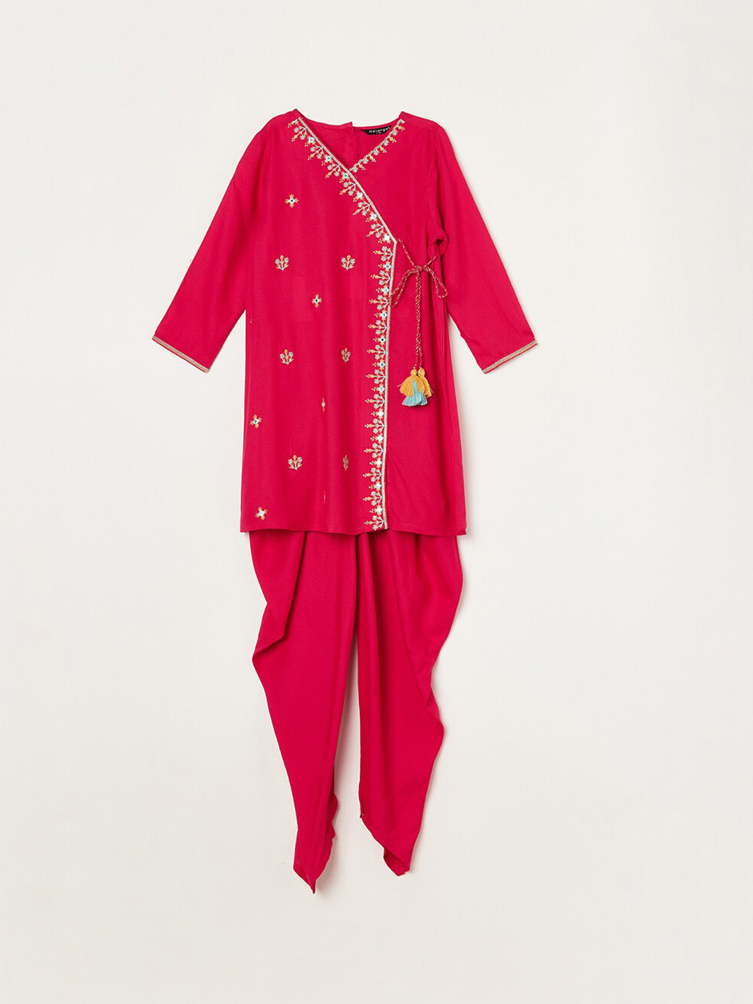 

Melange by Lifestyle Girls Floral Embroidered Mirror Work Angrakha Kurta With Dhoti Pants, Pink