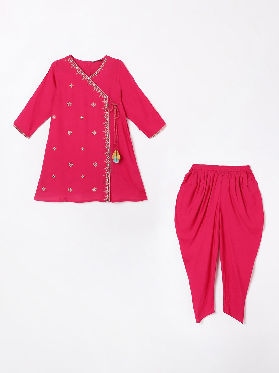 

Melange by Lifestyle Girls Floral Embroidered Mirror Work Angrakha Kurta With Dhoti Pants, Pink