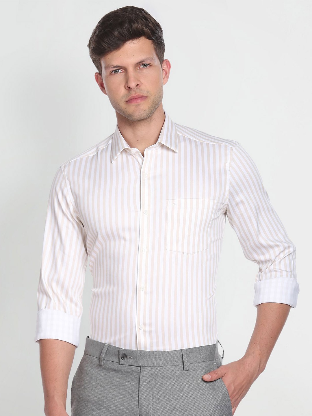 

Arrow Men Beige Slim Fit Striped Formal Cotton Shirt