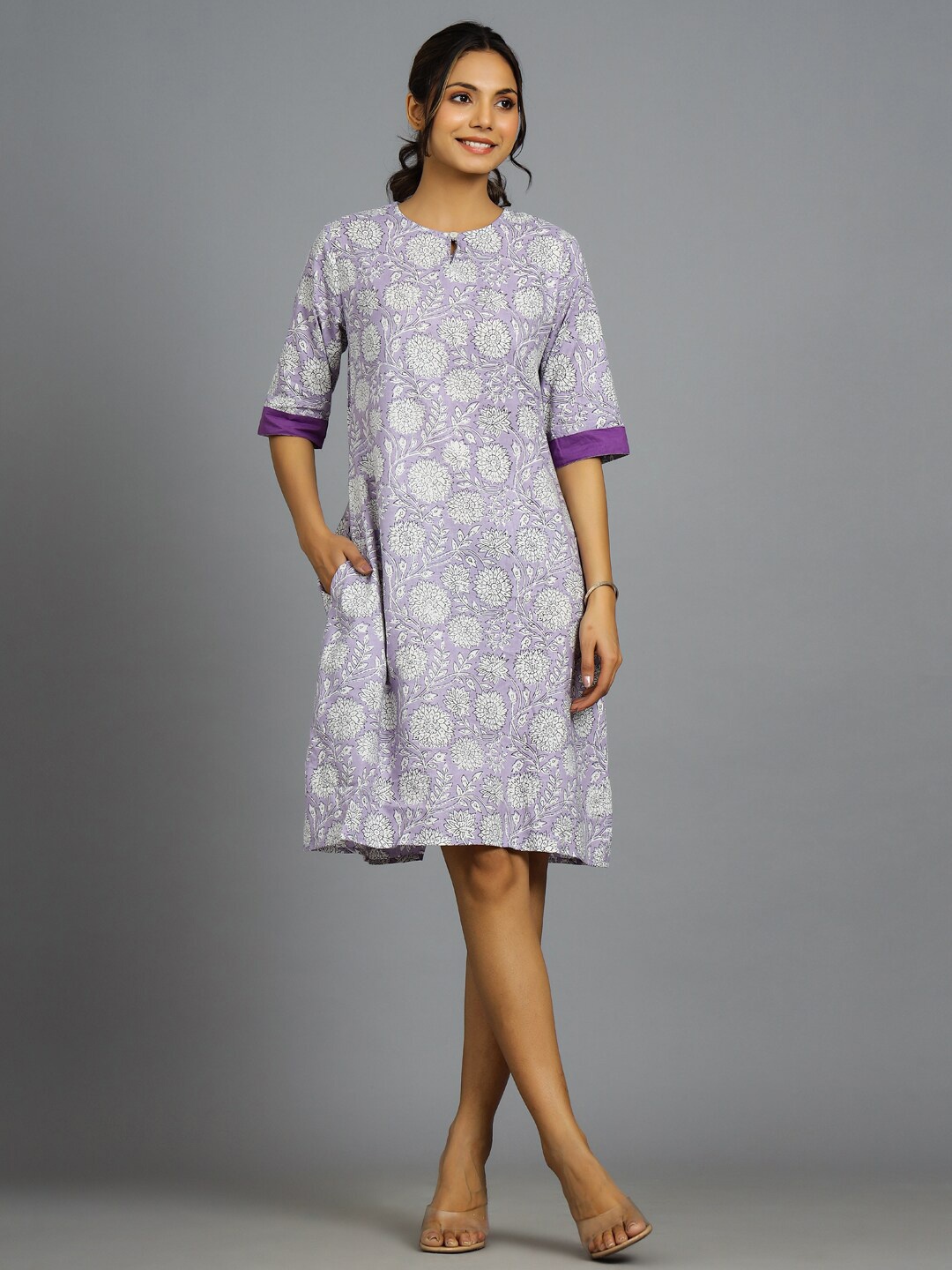 

HANDICRAFT PALACE Keyhole Neck Floral Printed Pure Cotton A-Line Dress, Purple