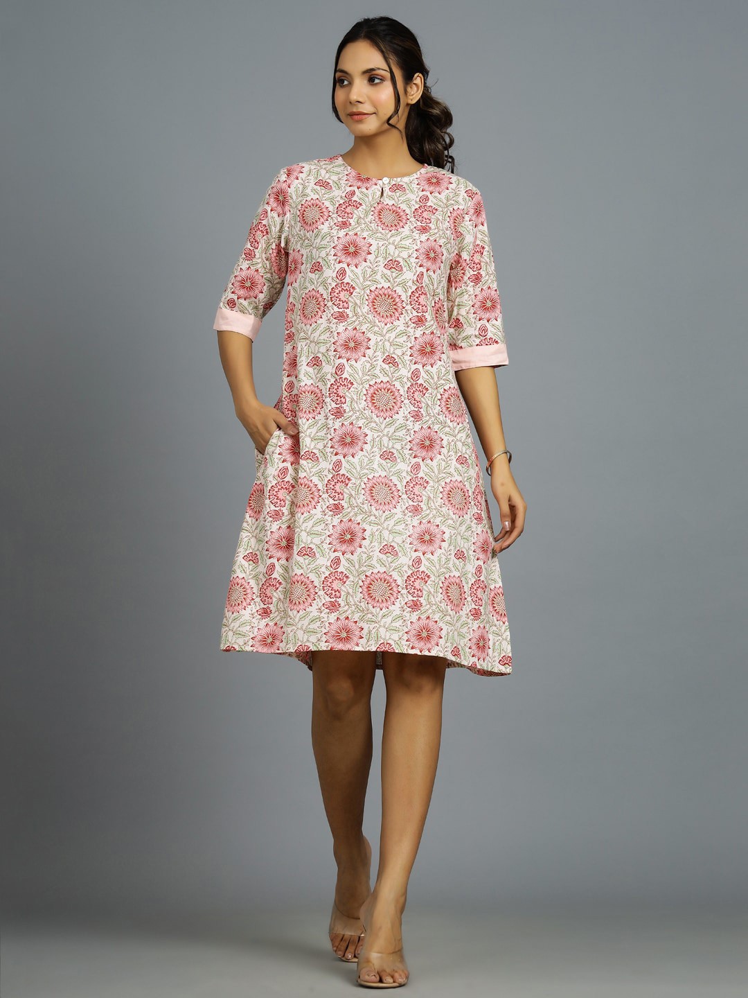 HANDICRAFT PALACE Keyhole Neck Floral Printed Pure Cotton A-Line Dress, Off white