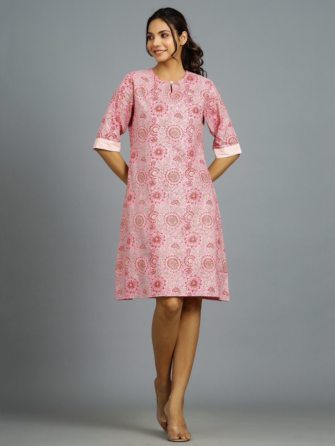 

HANDICRAFT PALACE Keyhole Neck Floral Printed Pure Cotton A-Line Dress, Pink