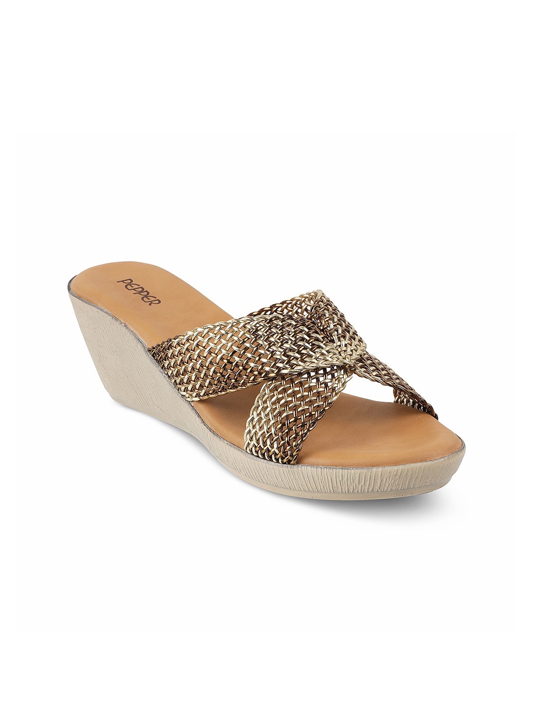 

PEPPER Woven Design Open Toe Wedges, Gold