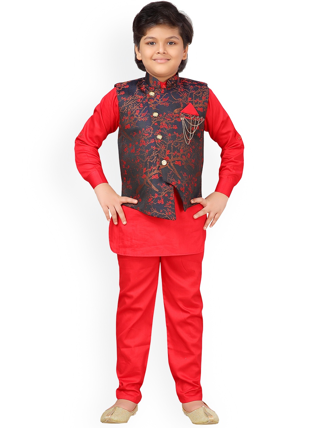 Aj DEZInES Boys Mandarin Collar Kurta With Pyjamas & Nehru Jacket, Red