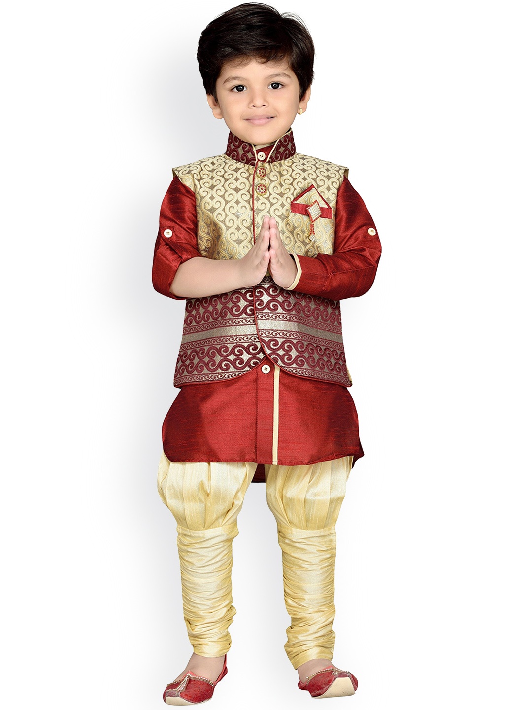 

Aj DEZInES Boys Mandarin Collar Kurta With Pyjamas & Nehru Jacket, Maroon