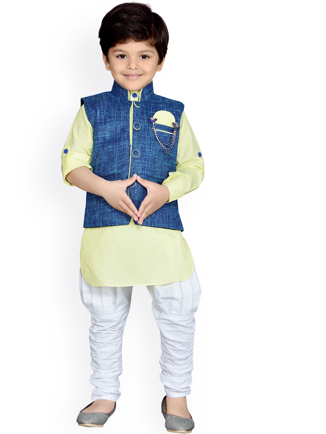 

Aj DEZInES Boys Mandarin Collar Pure Cotton Kurta with Churidar & Nehru Jacket, Yellow