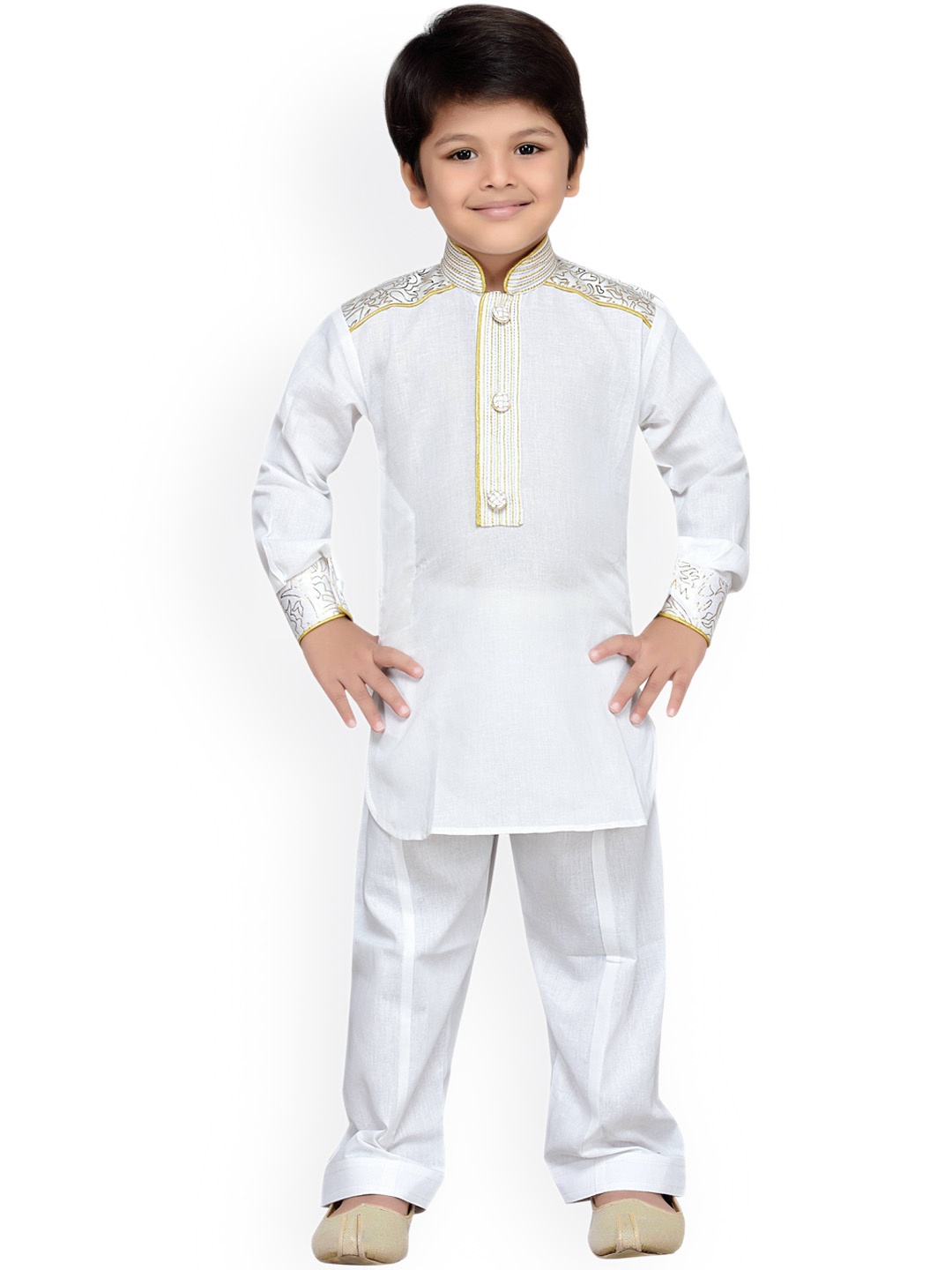 Aj DEZInES Boys Ethnic Motifs Embroidered Pure Cotton Kurta with Pyjamas, White
