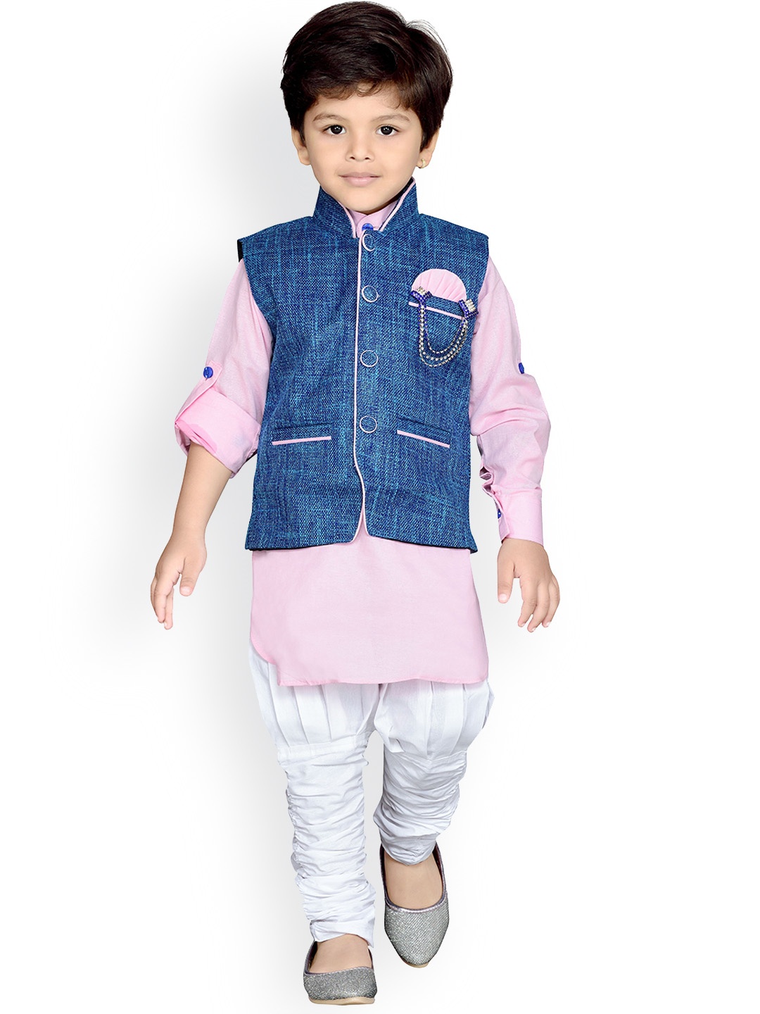 

Aj DEZInES Boys Mandarin Collar Pure Cotton Kurta with Churidar & Nehru Jacket, Pink