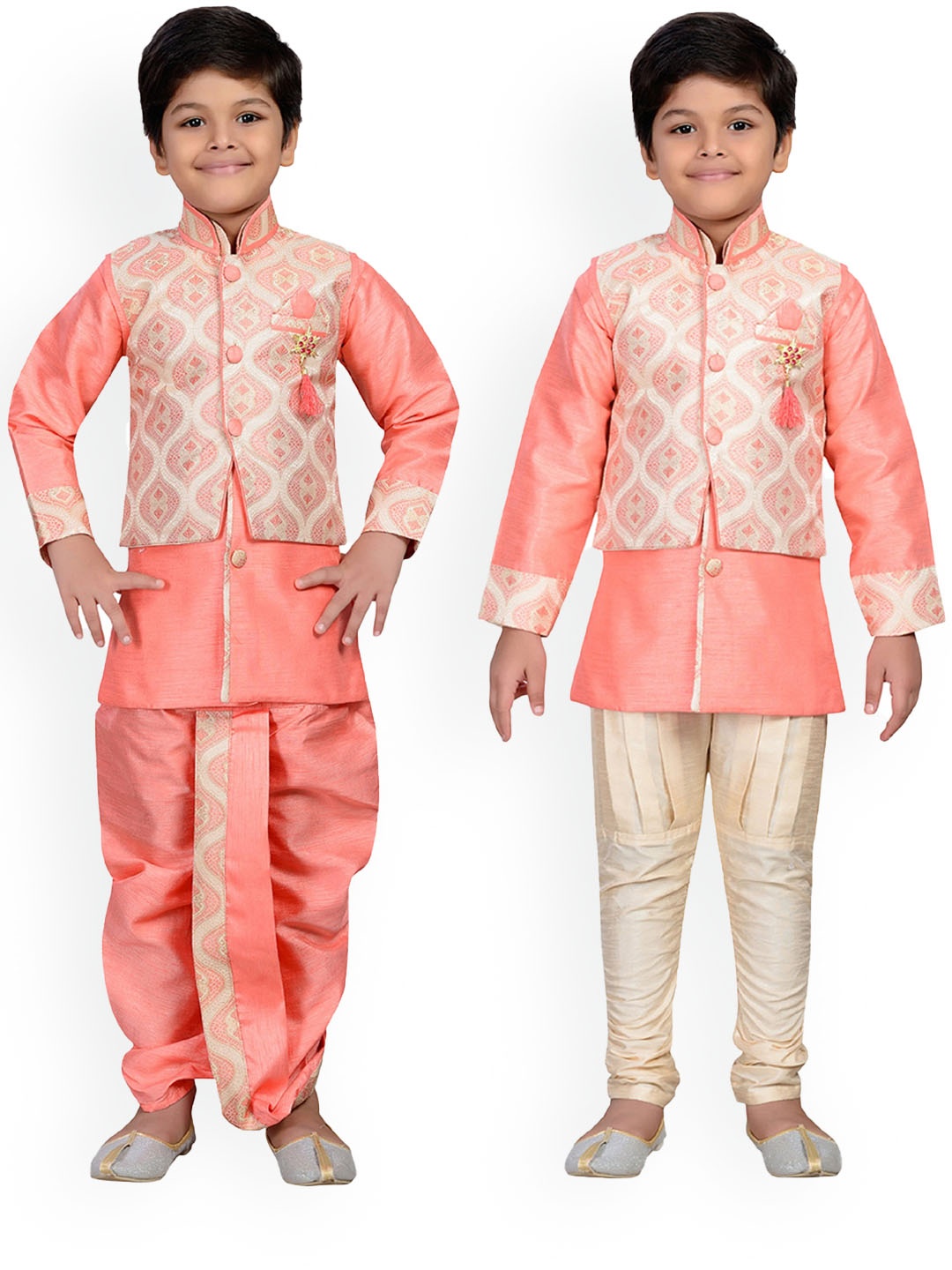 

Aj DEZInES Boys Straight Kurta with Dhoti Pants & Nehru Jacket, Pink