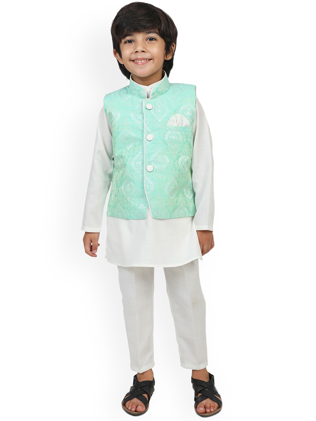 

Aj DEZInES Boys Mandarin Collar Straight Kurta with Pyjamas & Nehru Jacket, White