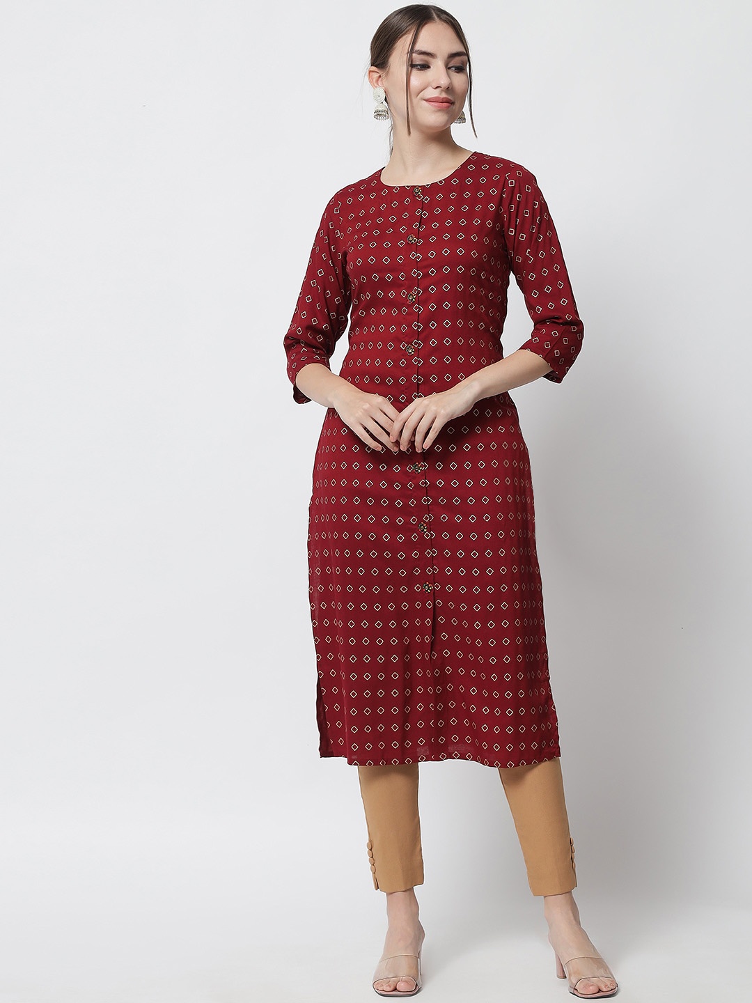 Pankvi Geometric Printed Straight Foil Print Kurta, Maroon